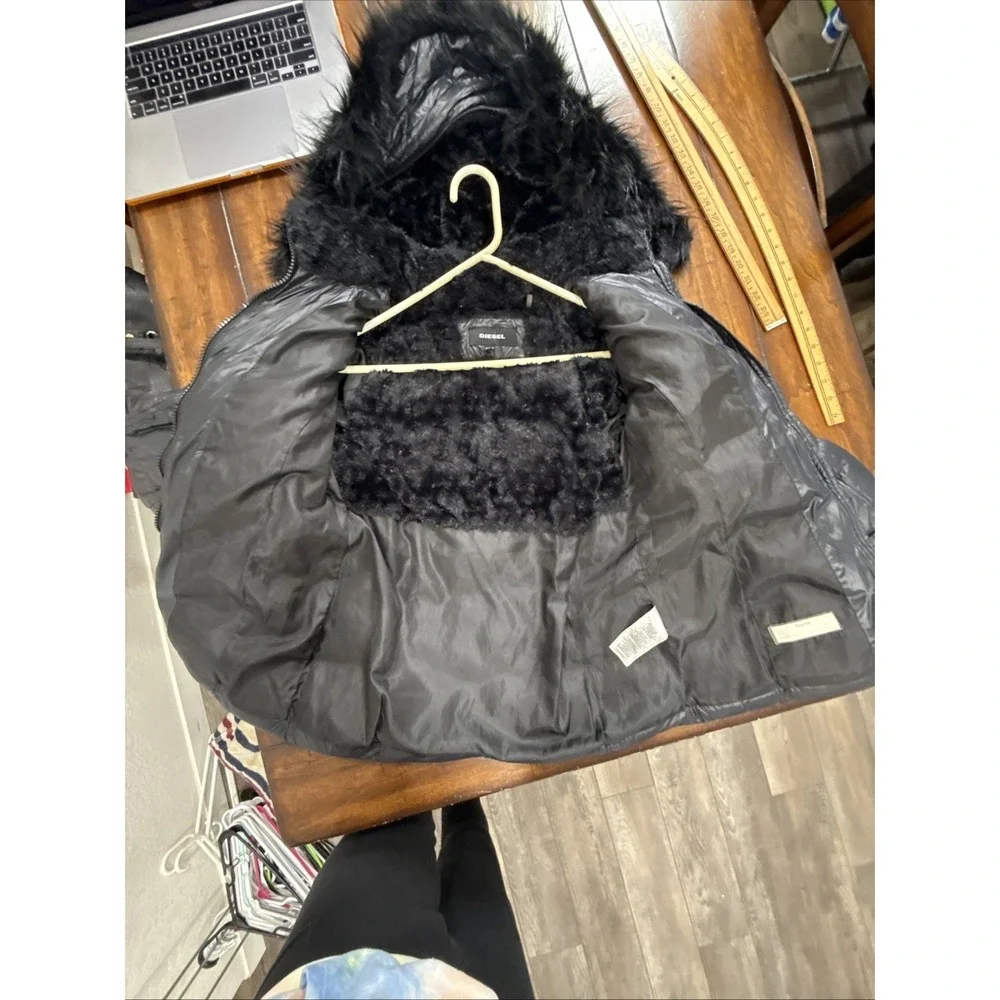 Diesel Women's Black Puffer Parka Jacket Removable Hooded Fur Trim Size 12-14